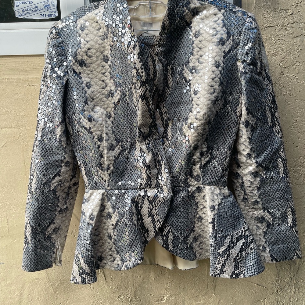 Cream and Gray Peplum Suit Jacket and skirt with Exotic Texture